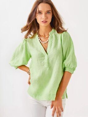 Lilly Pulitzer MIALEIGH ELBOW SLEEVE LINEN TOP IN JADE LIME X RESORT WHITE